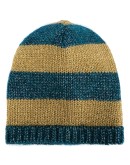 blue and mustard yellow striped knit beanie