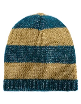 blue and mustard yellow striped knit beanie