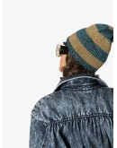 blue and mustard yellow striped knit beanie