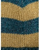 blue and mustard yellow striped knit beanie