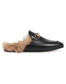 Black Princetown leather fur lined mules