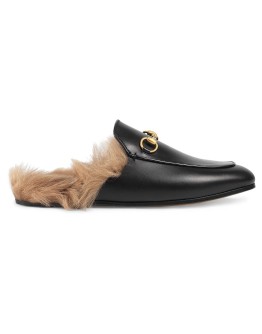Black Princetown leather fur lined mules