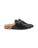 Black Princetown leather fur lined mules