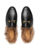 Black Princetown leather fur lined mules
