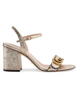 Metallic laminate leather mid-heel sandal