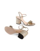 Metallic laminate leather mid-heel sandal