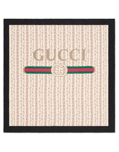 Gucci logo rose print silk scarf