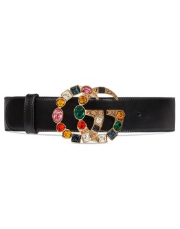Leather belt with crystal Double G buckle
