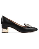Leather mid-heel pump with crystal G 