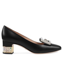 Leather mid-heel pump with crystal G 