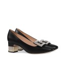 Leather mid-heel pump with crystal G 