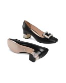 Leather mid-heel pump with crystal G 