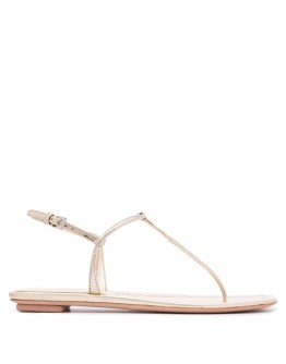 gold metallic laminated leather thong sandals