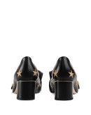 Embroidered leather mid-heel pump