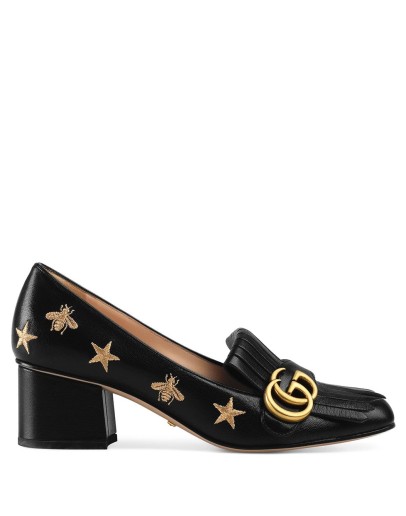 Embroidered leather mid-heel pump