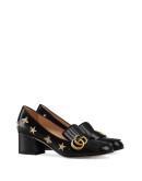 Embroidered leather mid-heel pump