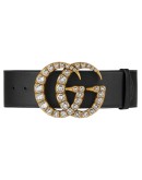 Leather belt with crystal Double G buckle