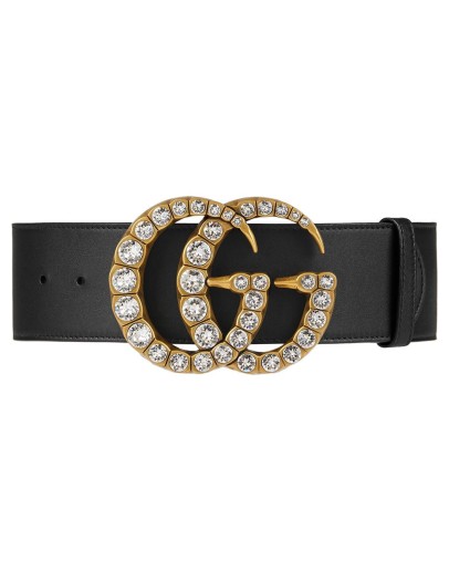 Leather belt with crystal Double G buckle