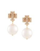 crystal logo pearl drop earrings