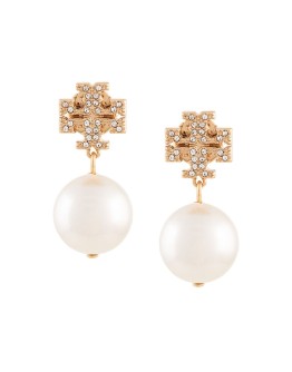 crystal logo pearl drop earrings