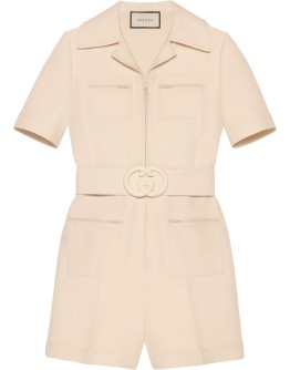 Wool silk short belted jumpsuit
