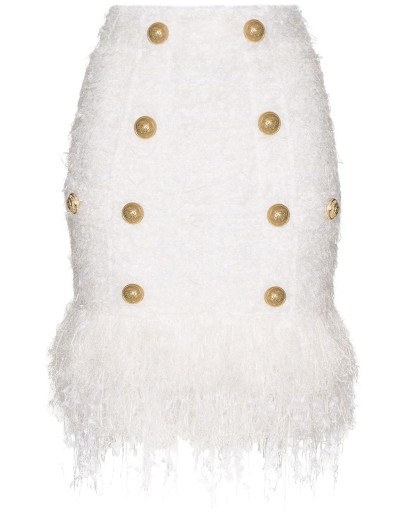 buttoned fringed tweed skirt