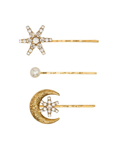 crystal and pearl star and moon set of three hair clips