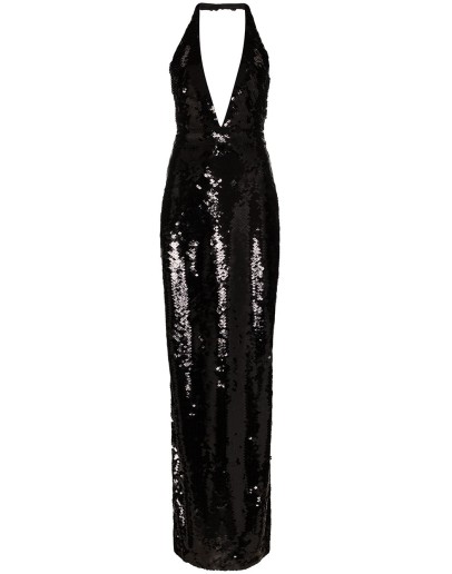 halterneck low V-neck sequin gown