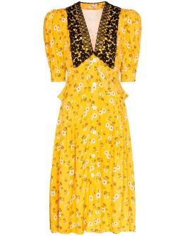 crocheted lace-panelled floral-print midi dress