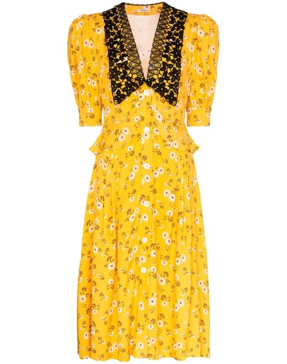 crocheted lace-panelled floral-print midi dress