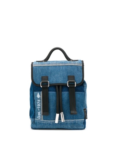 leather trim denim backpack