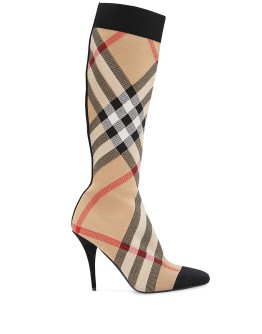 check stretch knit sock boots
