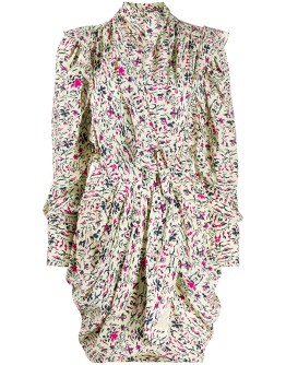 floral-print pleated draped mini dress