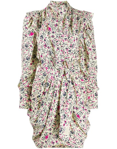 floral-print pleated draped mini dress