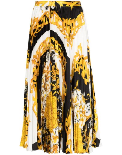 Baroque-print pleated midi skirt
