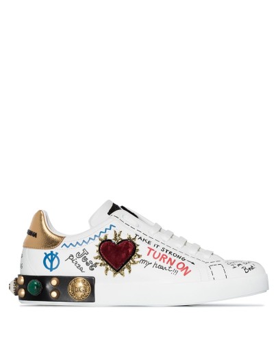 Portofino graffiti-print low top leather sneakers
