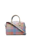 checked leather tote bag