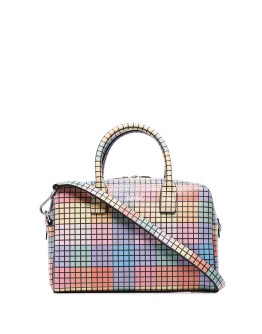 checked leather tote bag
