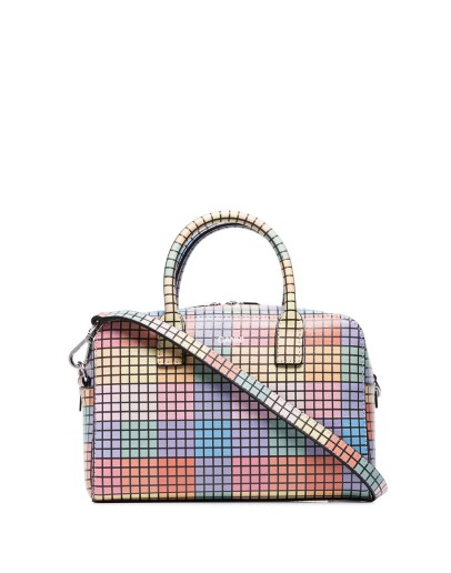 checked leather tote bag
