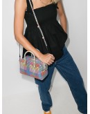 checked leather tote bag