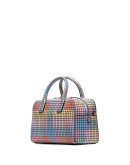 checked leather tote bag