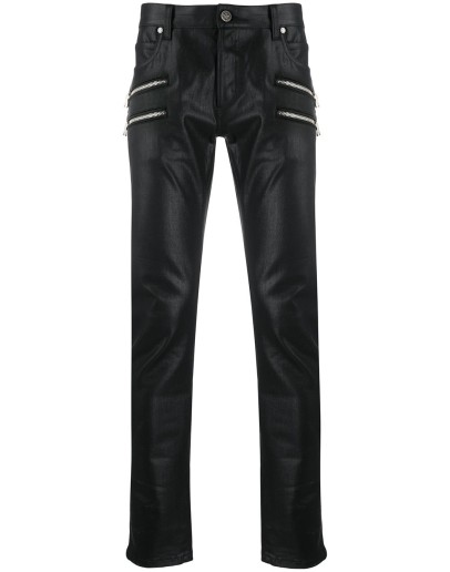 multi-zip slim leg denim jeans