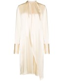 gathered tie neck midi dress