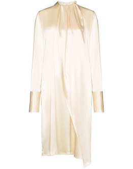 gathered tie neck midi dress