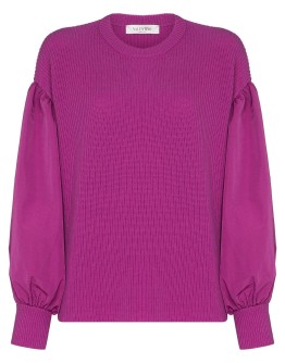 balloon-sleeve fine-knit jumper