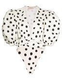 puff-sleeve polka-dot bodysuit