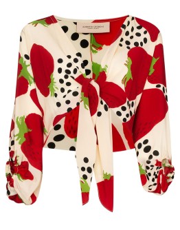 Strawberry-print tie-front blouse