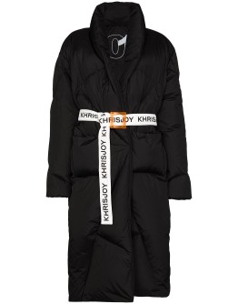 contrast-belt mid-length puffer coat