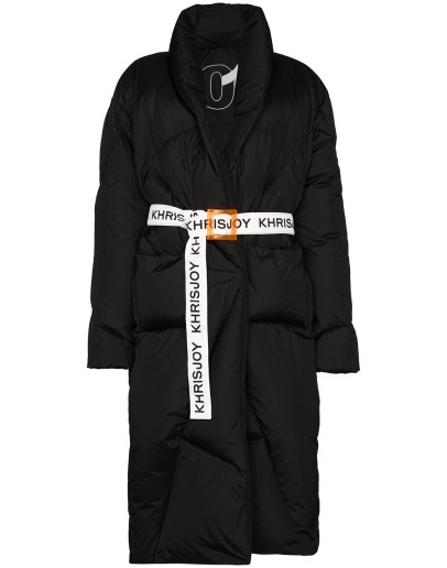 contrast-belt mid-length puffer coat