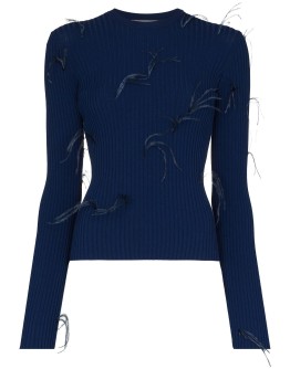 feather-embellished ribbed-knit top